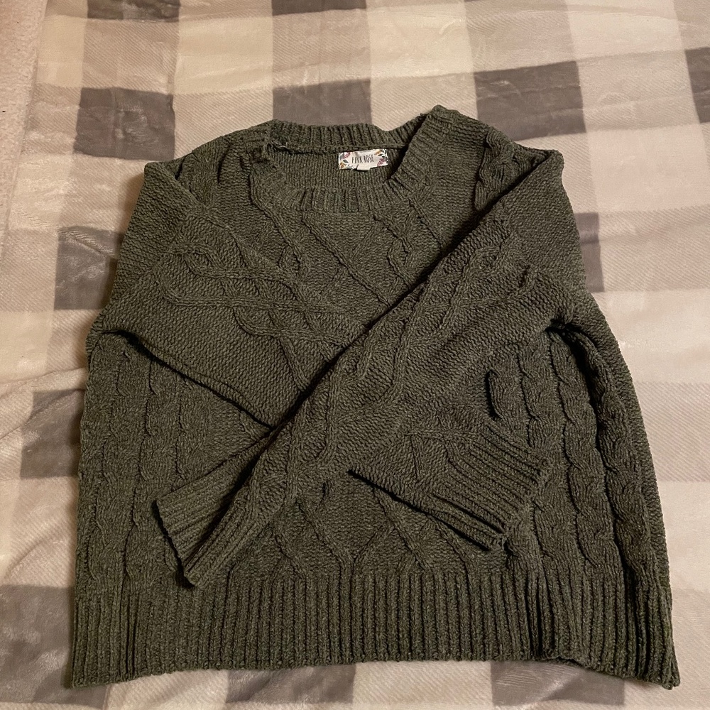 lightly worn forest green cable knit sweater